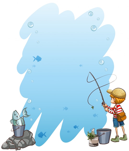 Empty template with a boy holding a fishing rod\
on a white background