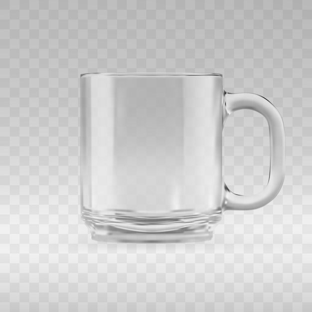 空の透明なガラスのマグカップモックアップ 空白のガラスの大型ジョッキまたは古典的なコーヒーカップのリアルな3 Dイラスト プレミアムベクター