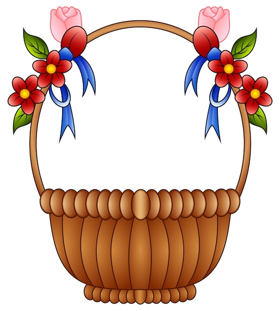 Download Empty wicker basket with color flowers and blue bows ...