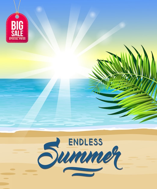 Endless summer big sale poster with ocean,\
tropical beach, sunrise and palm leaves.