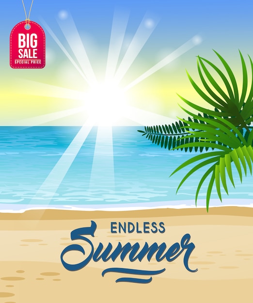 Endless summer, big sale seasonal poster with\
ocean, tropical beach