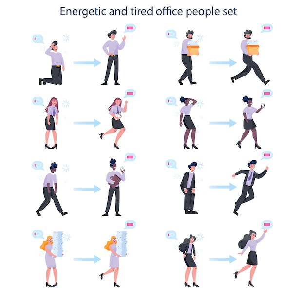 Premium Vector | Energetic And Exhausted Business Man And Woman Set ...