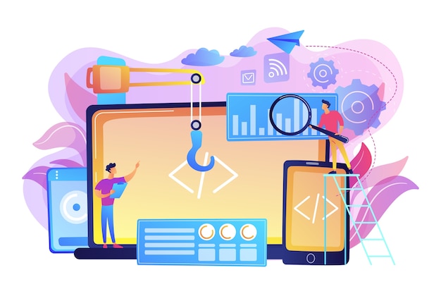 Engineer and developer with laptop and tablet code. cross-platform development, cross-platform operating systems and software environments concept. bright vibrant violet  isolated illustration Free Vector