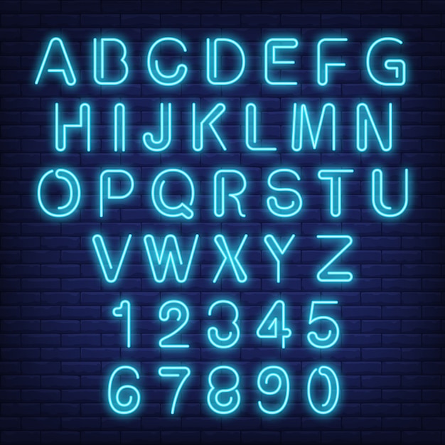 English alphabet and numbers. Neon sign with blue letters.