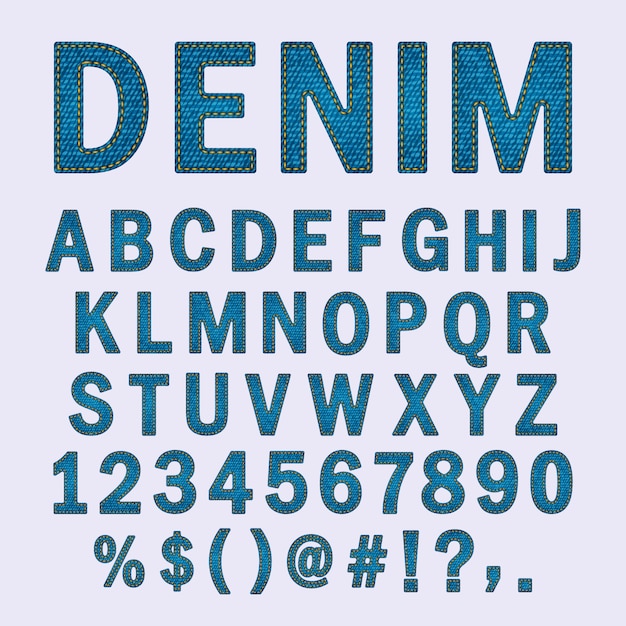 英語のアルファベット 大文字 数字 デニムのテクスチャの記号 プレミアムベクター