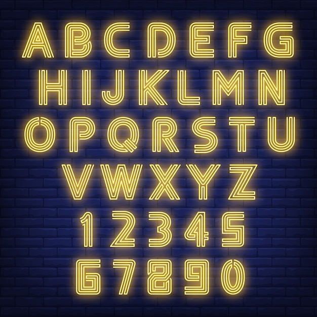 English alphabet neon sign. glowing letters and figures on dark brick wall background. Free Vector