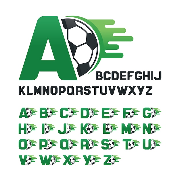 英語アルファベットはサッカーのグラフィックスと移動線で 文字はサッカーのグラフィックで設定 プレミアムベクター