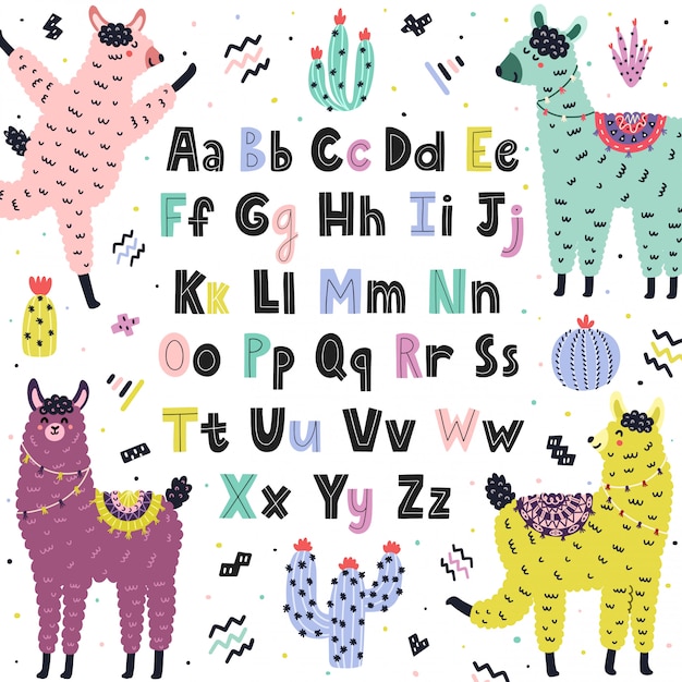 かわいいラマと英語のアルファベット 大文字と小文字の面白いアルパカの子供のための教育ポスター スカンジナビアスタイルの背景 図 プレミアムベクター