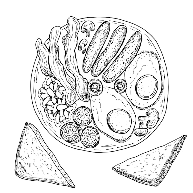 イングリッシュブレックファーストまたはアイリッシュブレックファーストの目玉焼き ソーセージ ベーコン 豆 トースト 手描きイラスト モノクロの黒と白のインクスケッチ 線画 孤立 プレミアムベクター