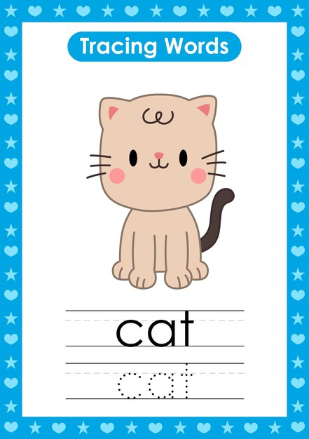 Premium Vector | English tracing word worksheets with animal cat