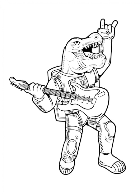 Premium Vector Engraving Draw Cool Dude Astronaut T Rex Tyrannosaurus Rock Star Play On Guitar In Space Suit Vintage Cartoon Character Illustration Comics Pop Art Style Isolated