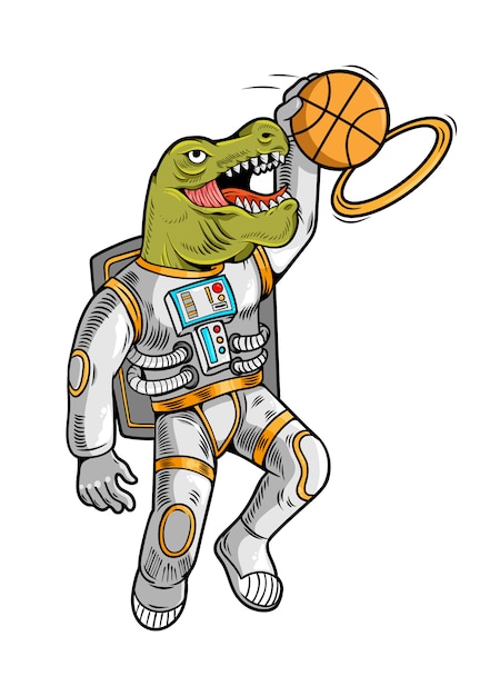 バスケットボールをプレイし スラムをダンクにする宇宙飛行士tレックスで彫刻ドロー プレミアムベクター