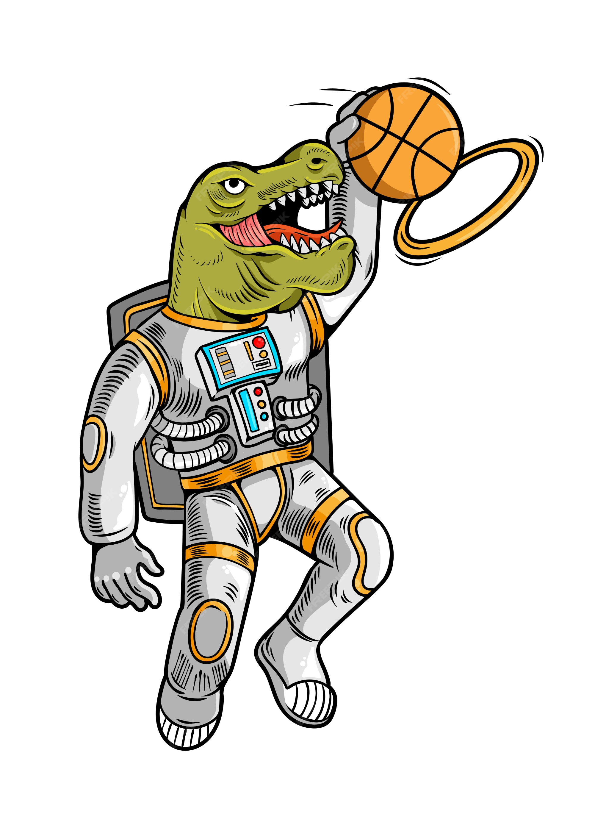 Premium Vector Engraving Draw With Astronaut T Rex Which Play Basketball And Make Slam Dunk 