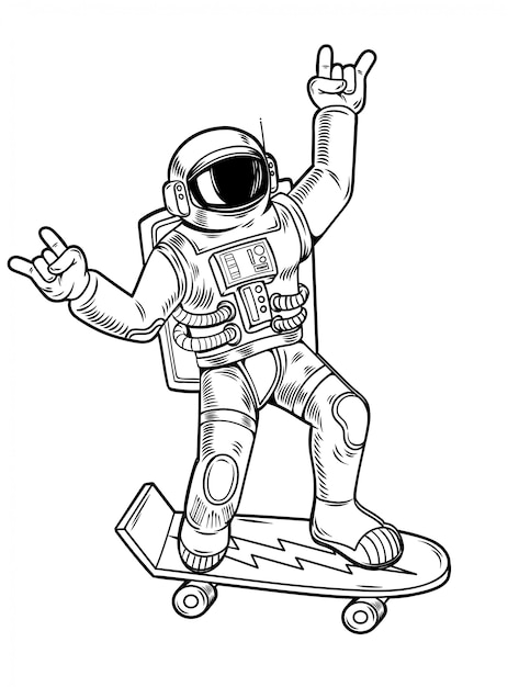 Premium Vector Engraving Draw With Funny Cool Dude Astronaut Spaceman Ride On Skateboard In Space Suit Vintage Cartoon Character Illustration Comics Pop Art Style Isolated