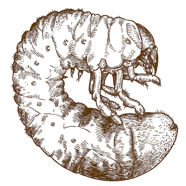 カブトムシの幼虫の彫刻イラストを彫刻 プレミアムベクター