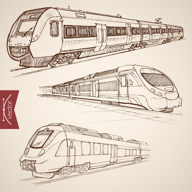 Premium Vector | Engraving vintage hand drawn modern high speed train ...