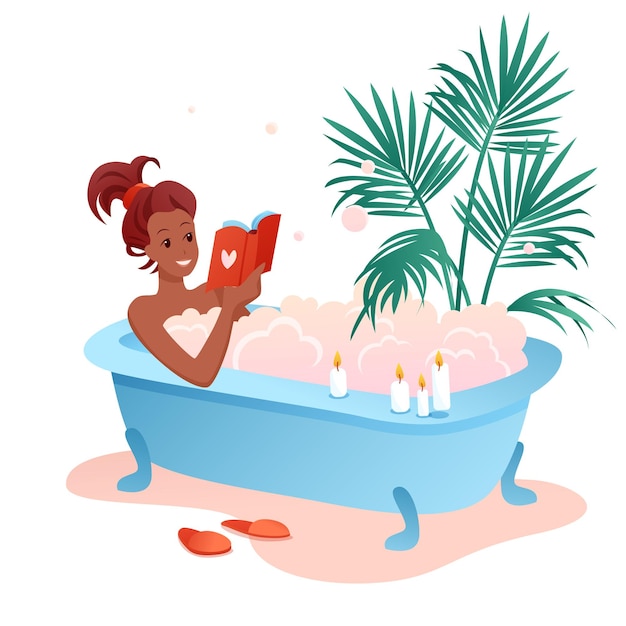 バスタイムをお楽しみください お風呂を楽しんでいる漫画の若いアフリカの女性キャラクター 本を読んで女の子 プレミアムベクター