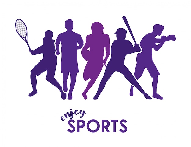 Premium Vector | Enjoy sports text with purple athletes silhouettes