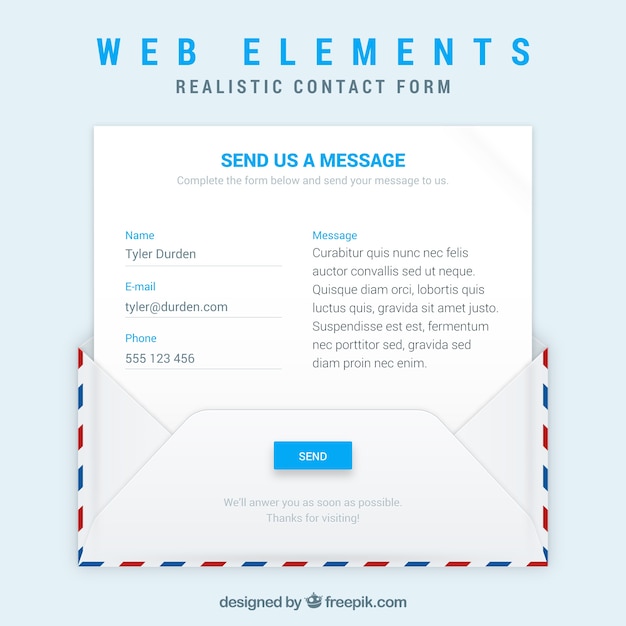 Envelope And Email Template With Contact Form Free Vector