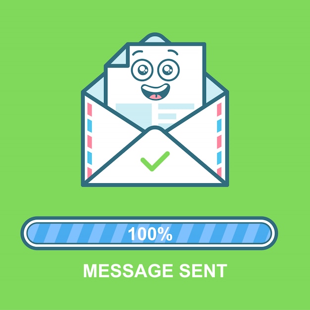 プレミアムベクター 封筒の絵文字 進行状況バー付きフラットイラストメールキャラクターデザイン メール送信の処理テキストメッセージを送信しました