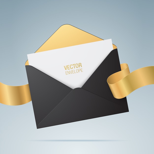 封筒 招待状とゴールデンリボンの黒い封筒を開いた 結婚招待状カードのデザイン リアルな封筒 プレミアムベクター