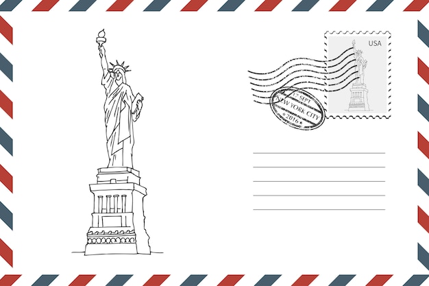Envelope with hand drawn statue of liberty Premium Vector