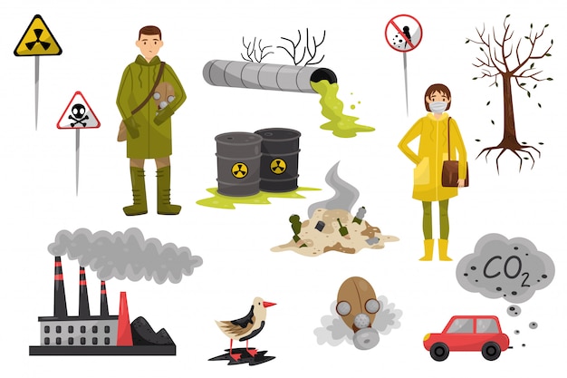 環境汚染問題セット 空気と水の汚染 森林破壊 警告標識白い背景のイラスト プレミアムベクター