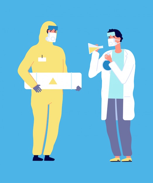 疫学者および科学者 ウイルス研究 化学実験室のキャラクター 防護服と白い白衣の図の医者の男 プレミアムベクター