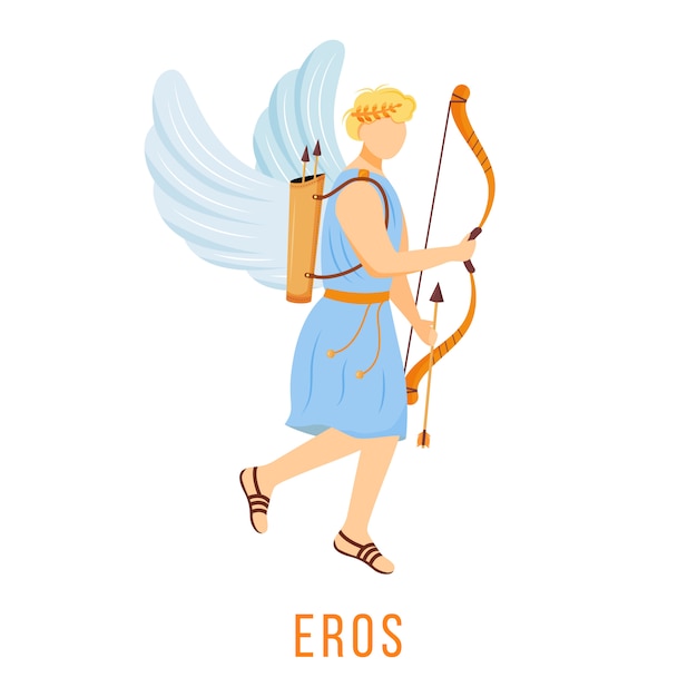 エロスのイラスト 愛と魅力の神 古代ギリシャの神 神の神話の人物 白い背景の上の漫画のキャラクター プレミアムベクター