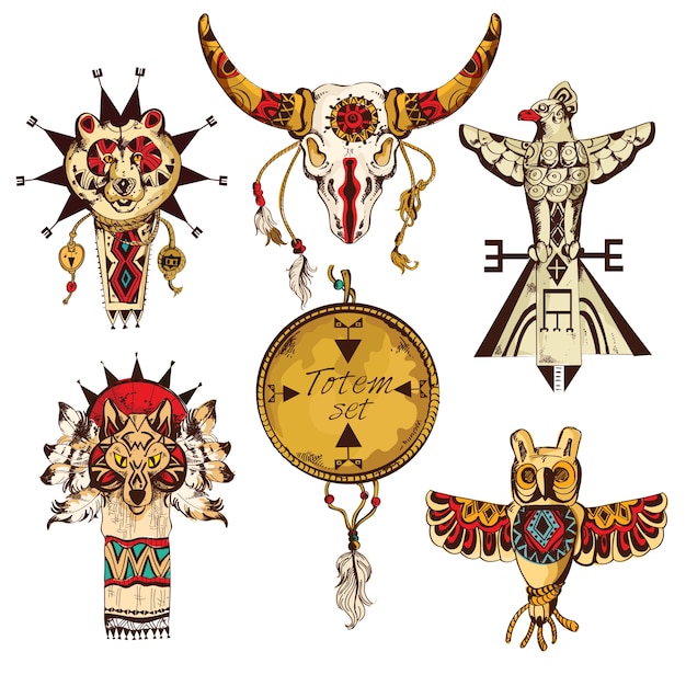 Ethnic american tribes animal totems colored sketch decorative elements set isolated vector illustration