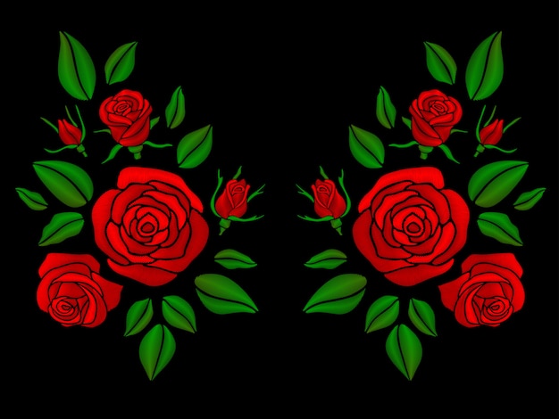 バラのイラストとエスニック花柄ネックライン刺繍 プレミアムベクター