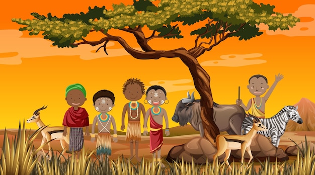 Popolo Etnico Delle Tribu Africane In Abiti Tradizionali Sullo Sfondo Della Natura Vettore Gratis