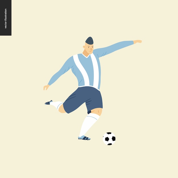 欧州サッカー サッカー選手 サッカーボールを蹴るヨーロッパのフットボール選手の装備を着ている若い男のフラットのベクトルイラスト プレミアムベクター