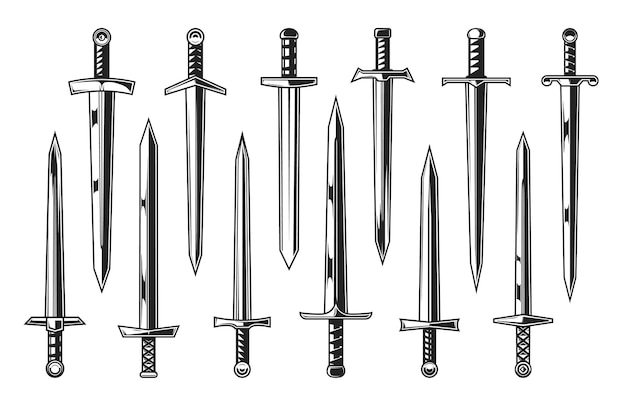 Premium Vector European Knight Medieval Swords Heraldry Vector Weapon Of Medieval Warriors Set With Straight Sword Dagger Knife And Broadsword Knightley Arming Weapon With Double Edged Blades And Ornate Hilts