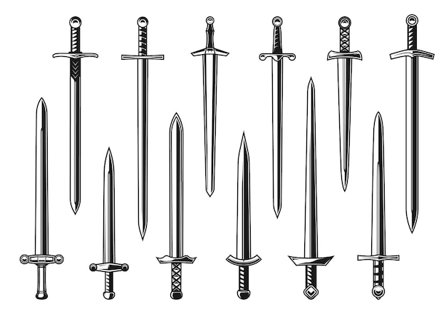 Premium Vector European Knight Straight Swords Vector Design With Weapon Of Medieval Army Warrior Isolated Dagger Knife Or Broadsword With Double Edged Blades Hilts Guards And Pommels Tattoo And Heraldry Design