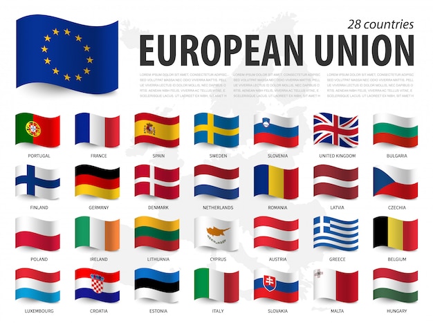 欧州連合の旗 Eu およびヨーロッパの加盟国地図旗のデザインを振っています プレミアムベクター