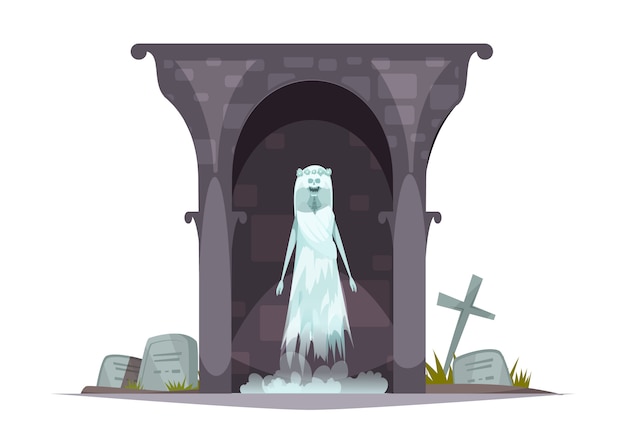恐ろしい幽霊墓地の墓に怖い幽霊の外観を持つ邪悪な墓地の幽霊漫画キャラクター構成 無料のベクター