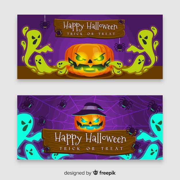 Download Evil halloween pumpkin banner with flat design | Free Vector