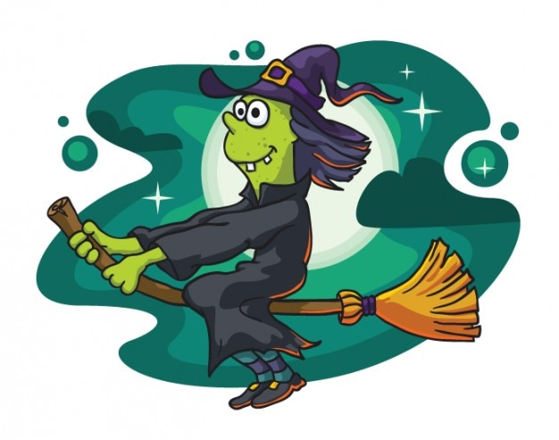 Evil witch flying in cartoon design