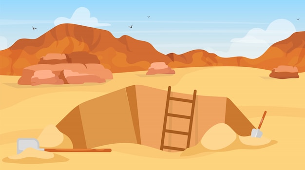 発掘のイラスト 遺跡 遺物を探す シャベルで掘る エジプトの砂漠の探査 アフリカの鉱山の穴 遠征漫画背景 プレミアムベクター