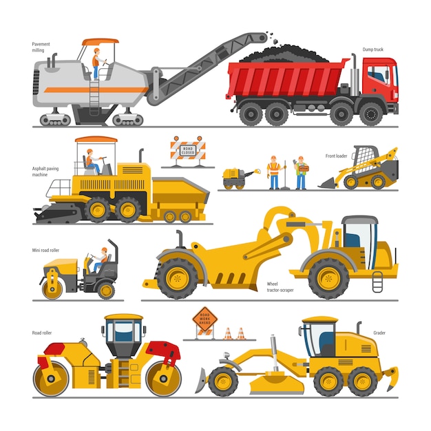 建設機械や白い背景の掘削機のショベルと掘削機械イラストセットで掘削道路建設坑夫またはブルドーザーのショベル プレミアムベクター