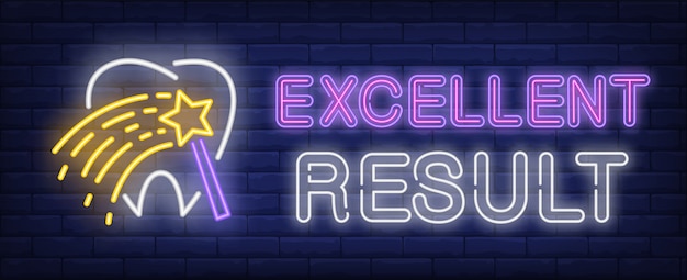 Excellent result neon text with tooth and magic wand Free Vector