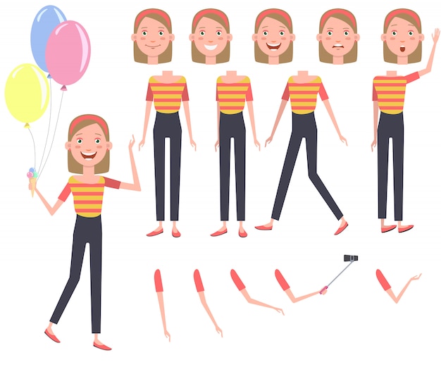 Excited pretty girl with heap of colorful
balloons character set