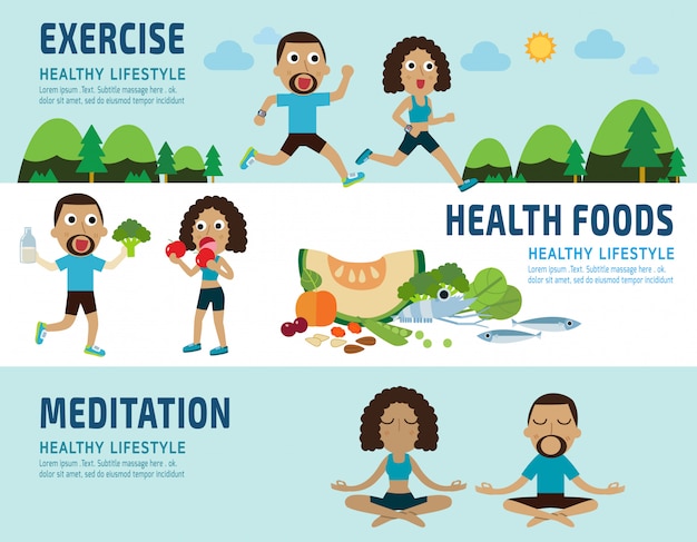 Exercise and healthy foods concept elements infographic | Premium Vector