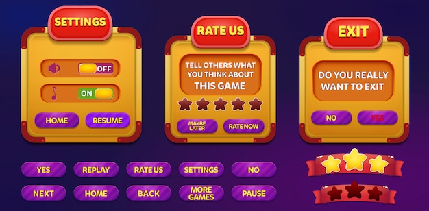 Exit, rate us and settings menu pop up screen with stars and button Premium Vector
