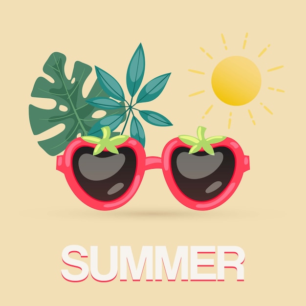 熱帯の葉と太陽のイラストがエキゾチックな夏のサングラス ビーチパーティーのポスター 旅行ブログ 果実の形のサングラスの熱帯の夏 プレミアムベクター