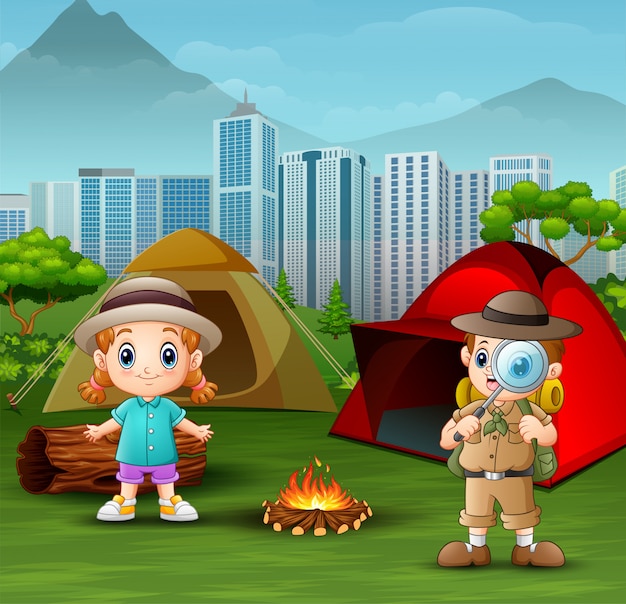 Download The explorer boy with a little girl at campsite Vector ...