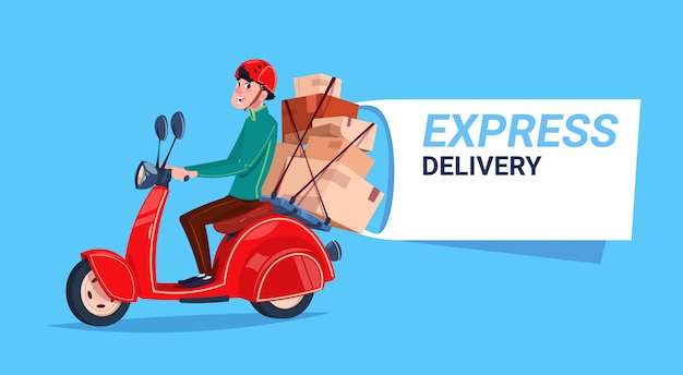 Express delivery service courier boy riding motor bike banner Premium Vector