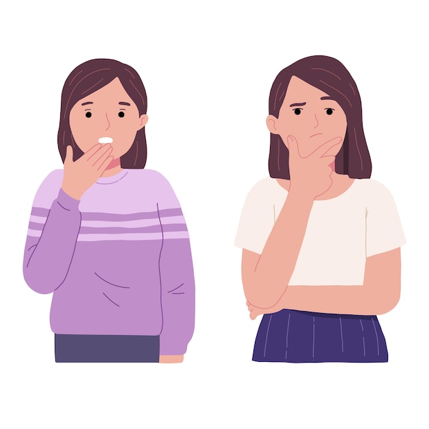 Expression on the face of a young woman who is surprised and thinking with her hand on her chin Free Vector