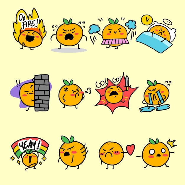 プレミアムベクター 表情豊かなオレンジ色のマスコットキャラクターイラストアセットコレクション